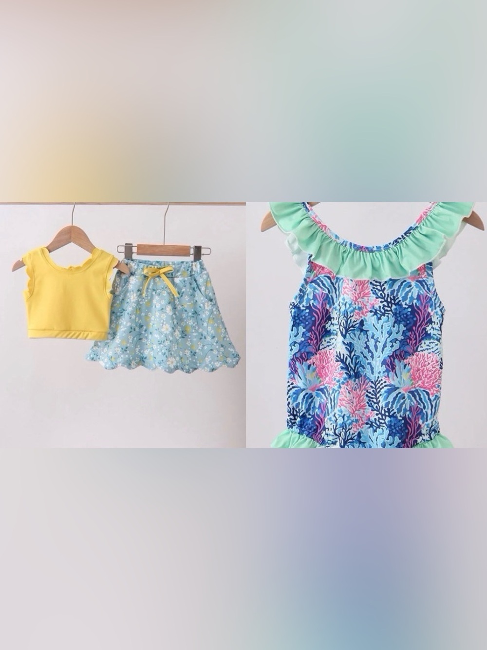 2Pc Bundle~Abby & Evie Girl's Yellow/Green Floral Skort Set & Coral Swimsuit~4